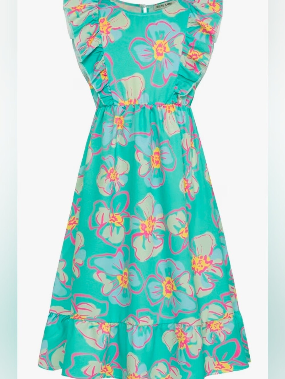 Grace Karin Aqua Floral Ruffle Dress with Neon Pink & Yellow Accents
